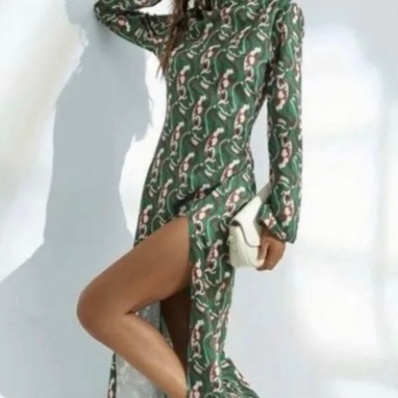 ZARA Green Paisley A-Line Dress With Mock Turtleneck- Sexy Side Slit- Size L NWT - Picture 5 of 5